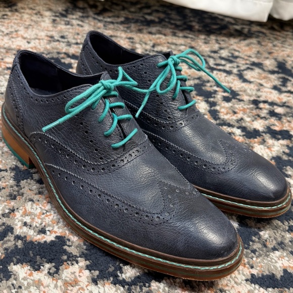 Cole Haan Navy Blue & Turquoise Leather Wingtip Oxford Dress Shoes Men’s Sz 10.5 - Picture 10 of 14